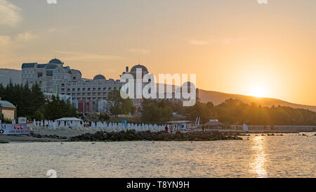 Sunny Beach, Bulgaria - 4 Sep 2018: Hotel Riu Helios Paradise in Sunny Beach at sunrise, a major seaside resort on the Black Sea coast of Bulgaria. Stock Photo