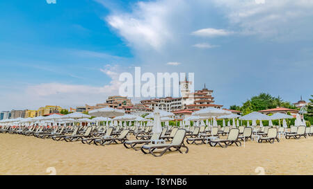 Sunny Beach, Bulgaria - 5 Sep 2018: Umbrellas and chair lounges at Sunny Beach coastline, a major seaside resort on the Black Sea coast of Bulgaria. Stock Photo