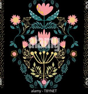 Bohemian style pink, gold flowers and teal leaves. Paper cut out effect on leaves. Seamless vector pattern with sparkling border background. Great for Stock Vector