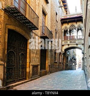 Beautiful covered bridge in the Gothic Quarter of old Barcelona, Spain Stock Photo