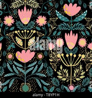 Folk art pink, gold flowers and teal leaves. Paper cut out effect on leaves. Seamless vector half drop pattern with random sparkles on black Stock Vector