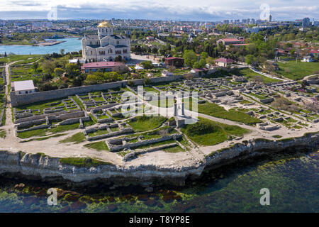 Aerial view of St. Vladimir's Cathedral and ruins of Chersonesus an ancient greek colony in nowadays Sevastopol, The Crimean peninsula Stock Photo