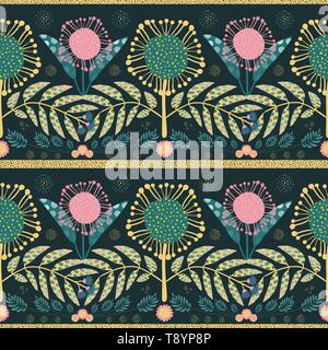 Bohemian style pink, gold flowers and teal leaves. Paper cut out effect on leaves. Seamless geometric vector pattern with gold stripe border. Great Stock Vector