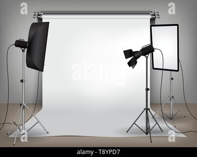Realistic photo studio set up with lighting equipment and white backdrop Stock Vector