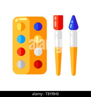 Icon of paints palette with brushes in flat style. Stock Vector