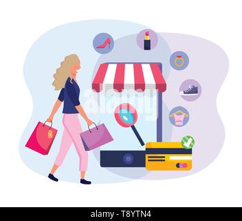 woman with smartphone ecommerce and shopping bags vector illustration Stock Vector