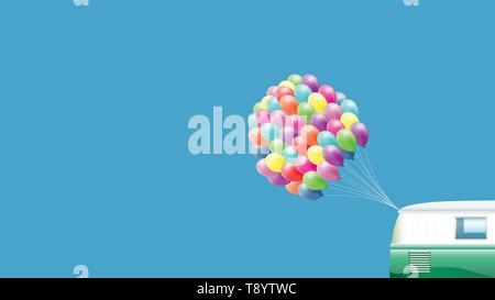 background with green retro van and bunch of colorful balloons Stock Vector