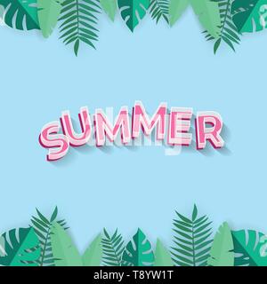 Summer background with pink text and tropical  leafs - paper art on blue background vector illustration Stock Vector