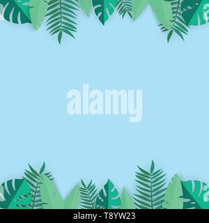 Summer template background with tropical  leafs - paper art vector illustration Stock Vector