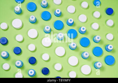 Ecology recycling concept. Many different types used or new battery, rechargeable accumulator, alkaline batteries on color background. Nature energy Stock Photo