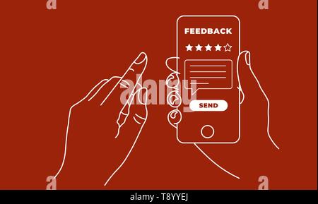 Hand holding and pointing to smartphone mobile with five star on screen and send message. Feedback, rating and review concept. Line vector EPS10 illus Stock Vector