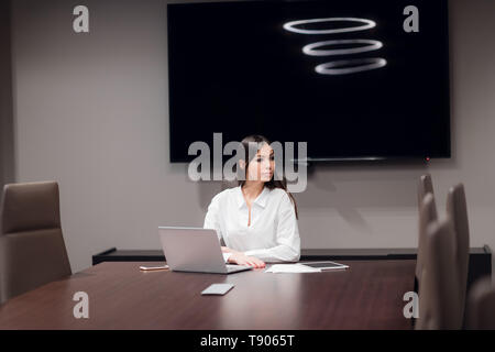 Beautiful young businesswoman using laptop in conference room Stock Photo