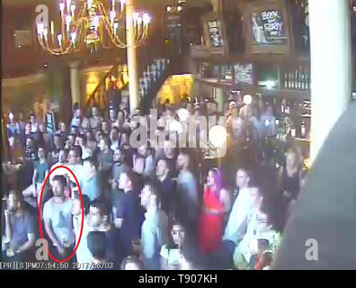 Screengrab taken from CCTV dated 03/06/17 issued by the Metropolitan Police of James McMullan inside the Barrow Boy and Banker pub. An inquest at the Old Bailey head that the 32 year old entrepreneur James McMullan, 32, had been out with friends in the pub watching football on the evening of June 3 2017 when the London Bridge terrorist attack happened. Stock Photo