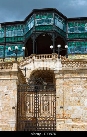 La Casa Lis, Museo Art Nouveau and Art Deco, intricate stained glass windows, iron gates, old building; south facade; Europe; Salamanca; Spain; spring Stock Photo