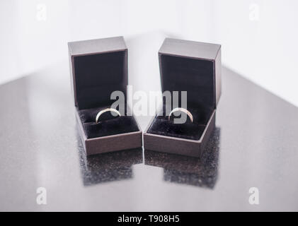 Wedding rings in boxes Stock Photo