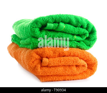 Stack of colorful towels on white background Stock Photo