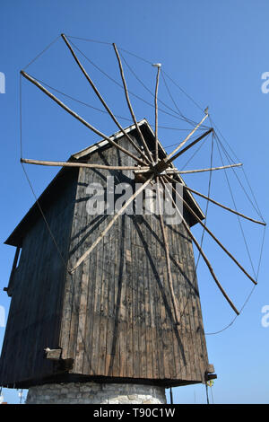 Wooden windmill, old town Nesebar, Bulgaria, Europe Stock Photo