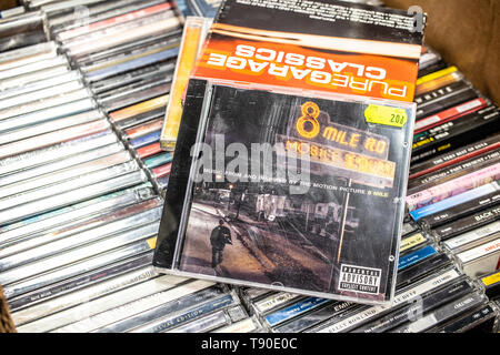 Nadarzyn, Poland, May 11, 2019: 8 Mile RD Mobile Court film music by Eminem CD album on display for sale, famous American hip hop rapper, songwriter, Stock Photo