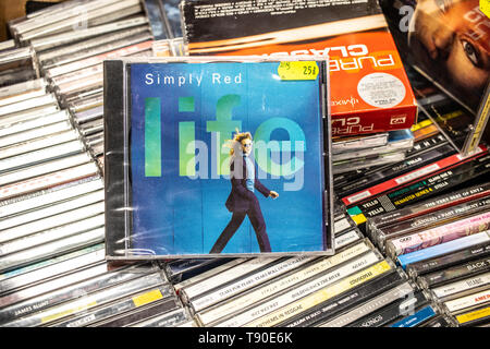 Nadarzyn, Poland, May 11, 2019: Simply Red LIFE CD album on display for sale, famous British soul and pop band, lead singer Mick Hucknall, collection Stock Photo