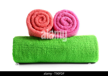 Rolled terry towels on white background Stock Photo