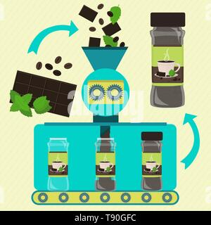 Coffee and chocolate powder with mint line series production. Factory of canned coffee and chocolate powder with mint. Mint leaf, chocolate bar and fr Stock Vector