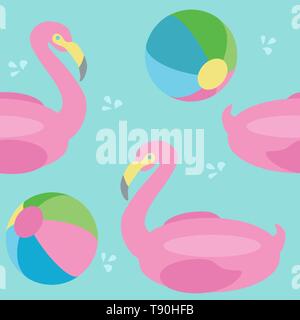 Flamingo floats and ball on swimming pool seamless pattern vector. Summer tile illustration. Swatches included. Stock Vector