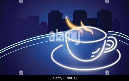 Coffee shop neon sign Vector. Glowing coffee cup symbol dark background. Cafe menu template Stock Vector