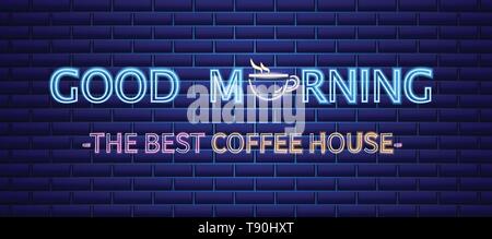 Coffee house neon sign Vector. Morning positive billboard. Glowing coffee cup symbol dark background. Cafe menu template Stock Vector