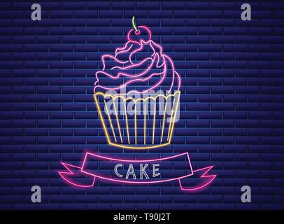 Sweet cupcake neon symbols Vector. Glowing sign dark background. Shinning billboard or menu template Stock Vector