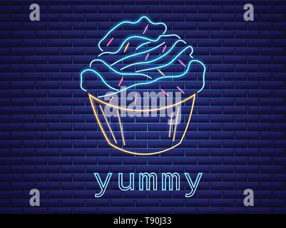 Cupcake neon symbols Vector. Glowing sign dark background. Shinning billboard or menu template Stock Vector