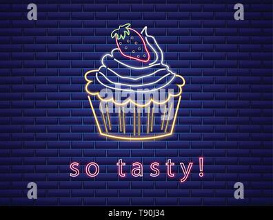 Tasty cupcake neon symbols Vector. Glowing sign dark background. Shinning billboard or menu template Stock Vector