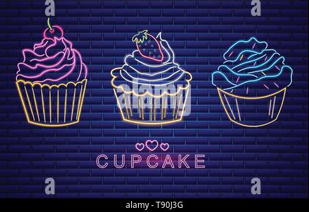 Sweet cupcakes set neon symbols Vector. Glowing sign dark background. Shinning billboard or menu template Stock Vector