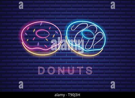 Donuts neon symbols Vector. Glowing sign dark background. Shinning billboard or menu template Stock Vector