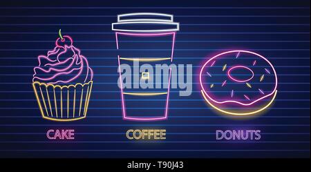 Cupcake, coffee and donut neon symbols Vector. Glowing sign dark background. Shinning billboard or menu template Stock Vector