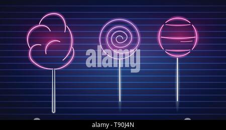 Sweet desserts neon symbols Vector. Glowing sign dark background. Shinning billboard or menu template Stock Vector