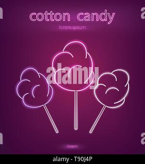 Cotton candy neon sign Vector. Glowing desserts dark background. Shinning billboard or menu template Stock Vector