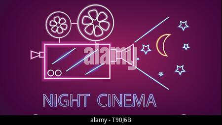 Cinema camera neon symbols Vector. Glowing sign dark background. Shinning billboard template Stock Vector