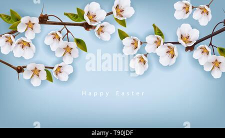 Cherry flowers border Vector realistic branches. Spring blossom. Holiday card Stock Vector