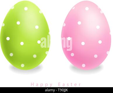 Green and pink Easter eggs with dots Vector realistic. Holiday cute design template Stock Vector