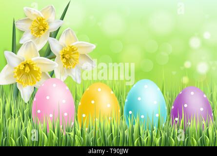 Easter colorful eggs on green grass background Vector realistic. Spring holiday banner. 3d detailed poster template Stock Vector