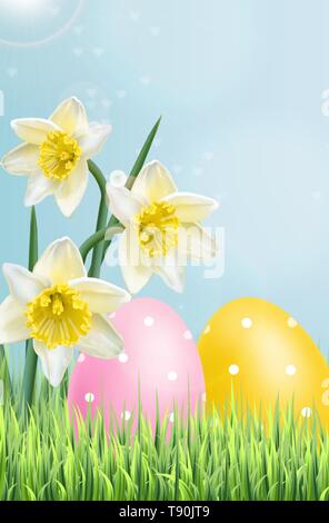 Easter Traditional colorful eggs Vector realistic. Spring holiday banner. Daffodil bouquet flowers. 3d detailed poster template Stock Vector