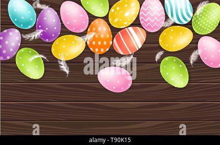 Colorful Easter eggs on wood background Vector realistic. Spring holiday banner. 3d detailed poster template Stock Vector