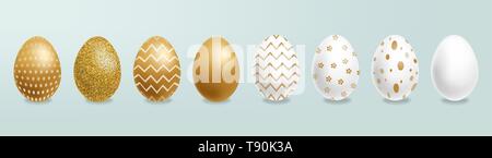 Easter painted golden eggs Vector realistic collection. Abstract ornamented cute design. 3d detailed set Stock Vector