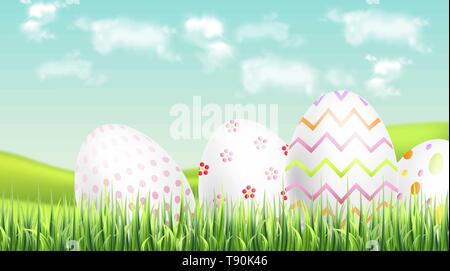 Easter eggs Vector realistic. Spring holiday banner. 3d detailed poster template Stock Vector