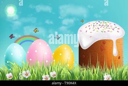 Easter Traditional sweet bread Vector realistic. Easter Eggs and rainbow background. Holiday card Stock Vector
