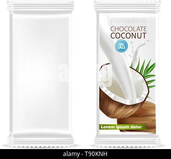 Coconut chocolate isolated template Vector realistic. Product packaging label design. 3d detailed illustration Stock Vector