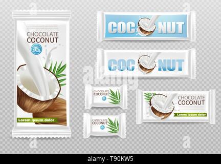Coconut chocolates isolated Vector realistic mock up. Product packaging label design. 3d detailed illustration Stock Vector