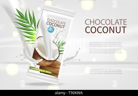 Coconut chocolate Vector realistic mock up. Product packaging label design. 3d detailed illustration Stock Vector
