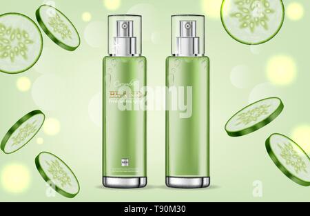 Cucumber cream collection Vector realistic. Moisturizer hydration cosmetics. Product packaging mockup. Detailed green bottles with label design. 3d te Stock Vector