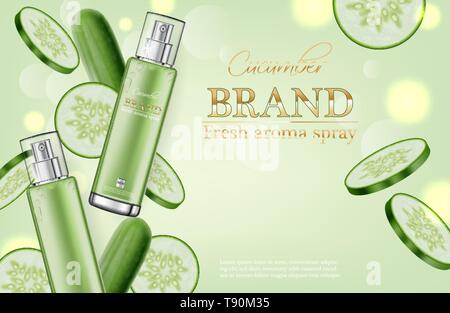 Cucumber cream collection Vector realistic. Moisturizer hydration cosmetics. Product packaging mockup. Detailed green bottles with label design. 3d te Stock Vector